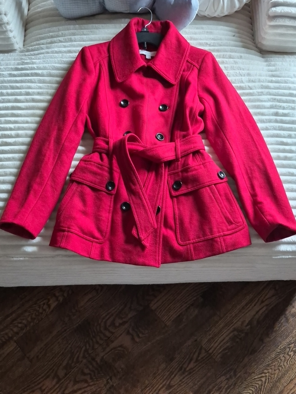 New York & Company Women's Red Double-Breasted Belted Peacoat (Wool)